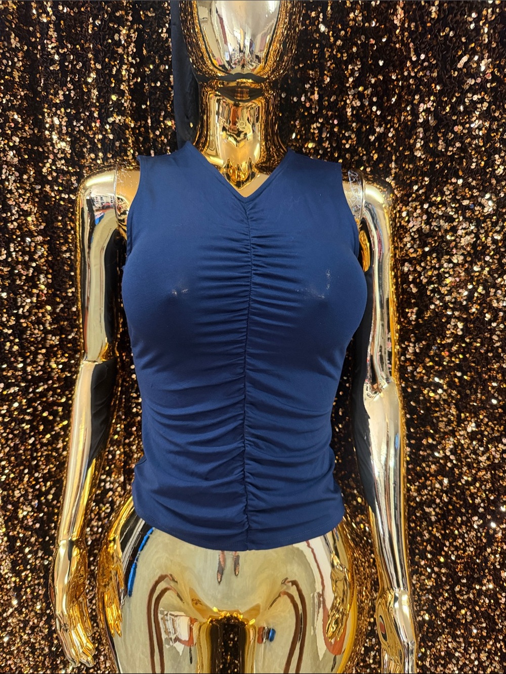 Veronica Beard Navy Ruched V-Neck Tank